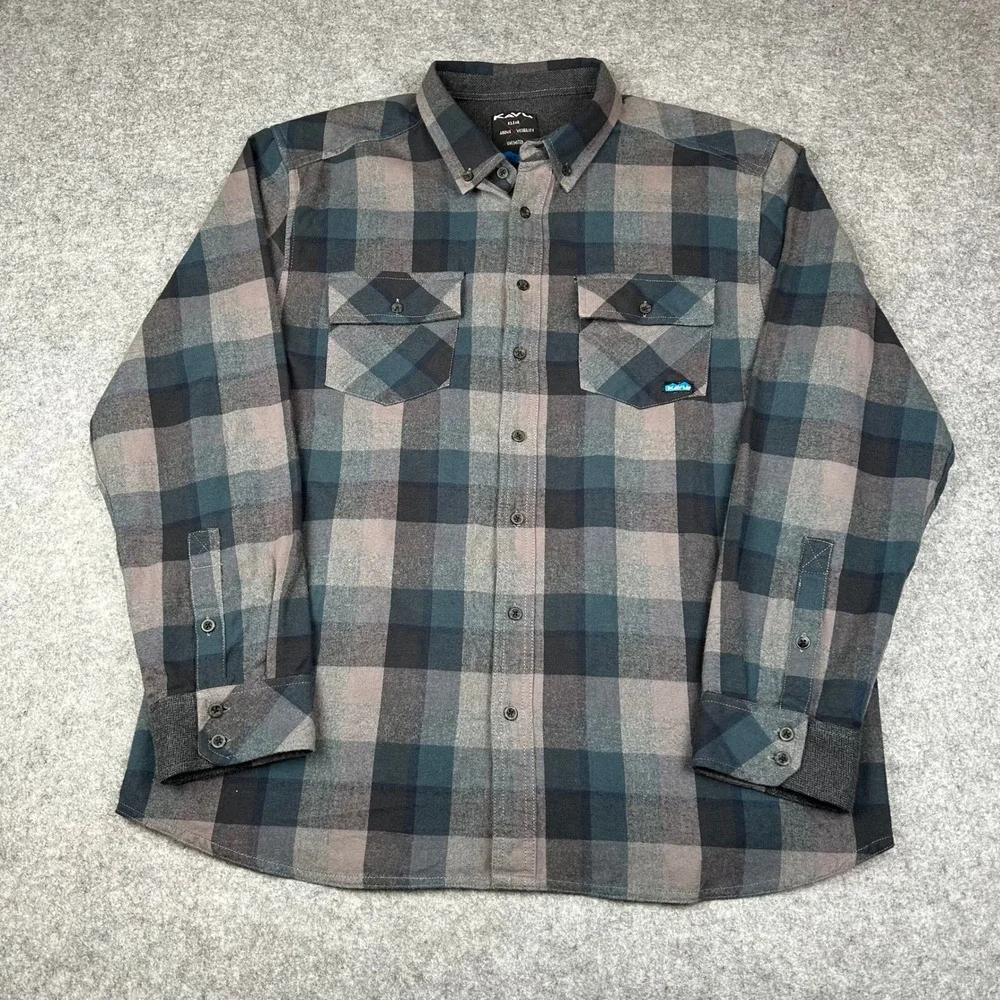 KAVU Buffaroni Mens XXL Plaid Flannel Shirt Grey Blue Long Sleeve Button Down